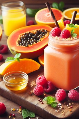 Papaya, Orange and Raspberries smoothie